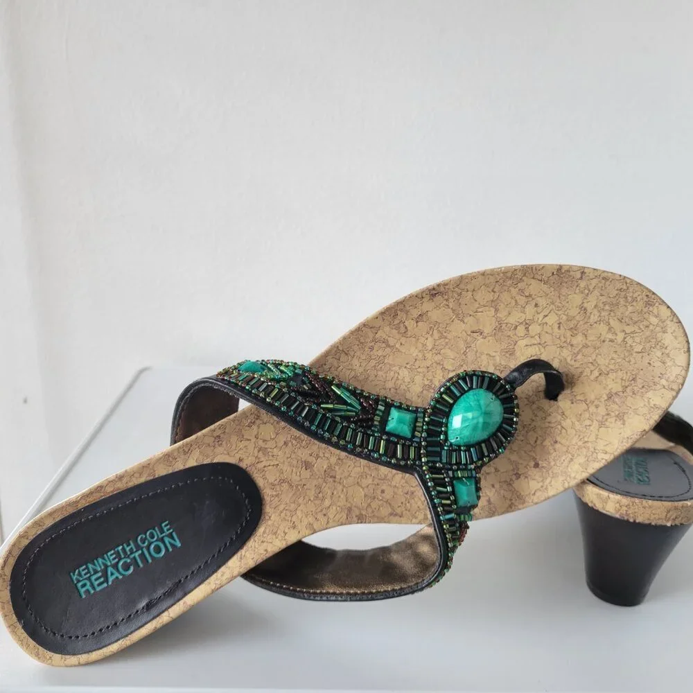 Kenneth Cole Boho Style Green beaded Wedge Sandals (Size: 9½)